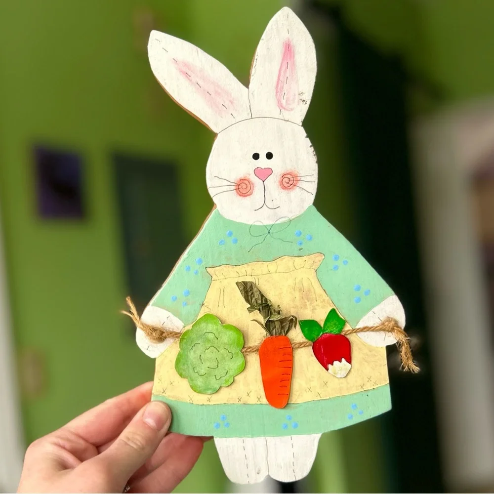 VTG Bunny Rabbit Collecting Veggies Cottagecore Farmhouse Wood Wall Decor Art